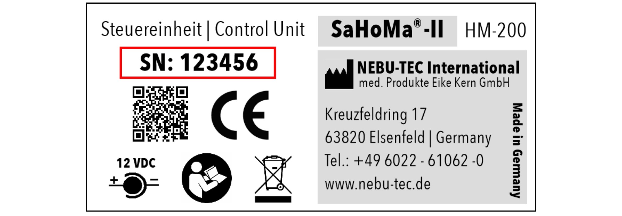 Label der SaHoMa-II Steuereinheit mit rot gekennzeichneter Seriennummer