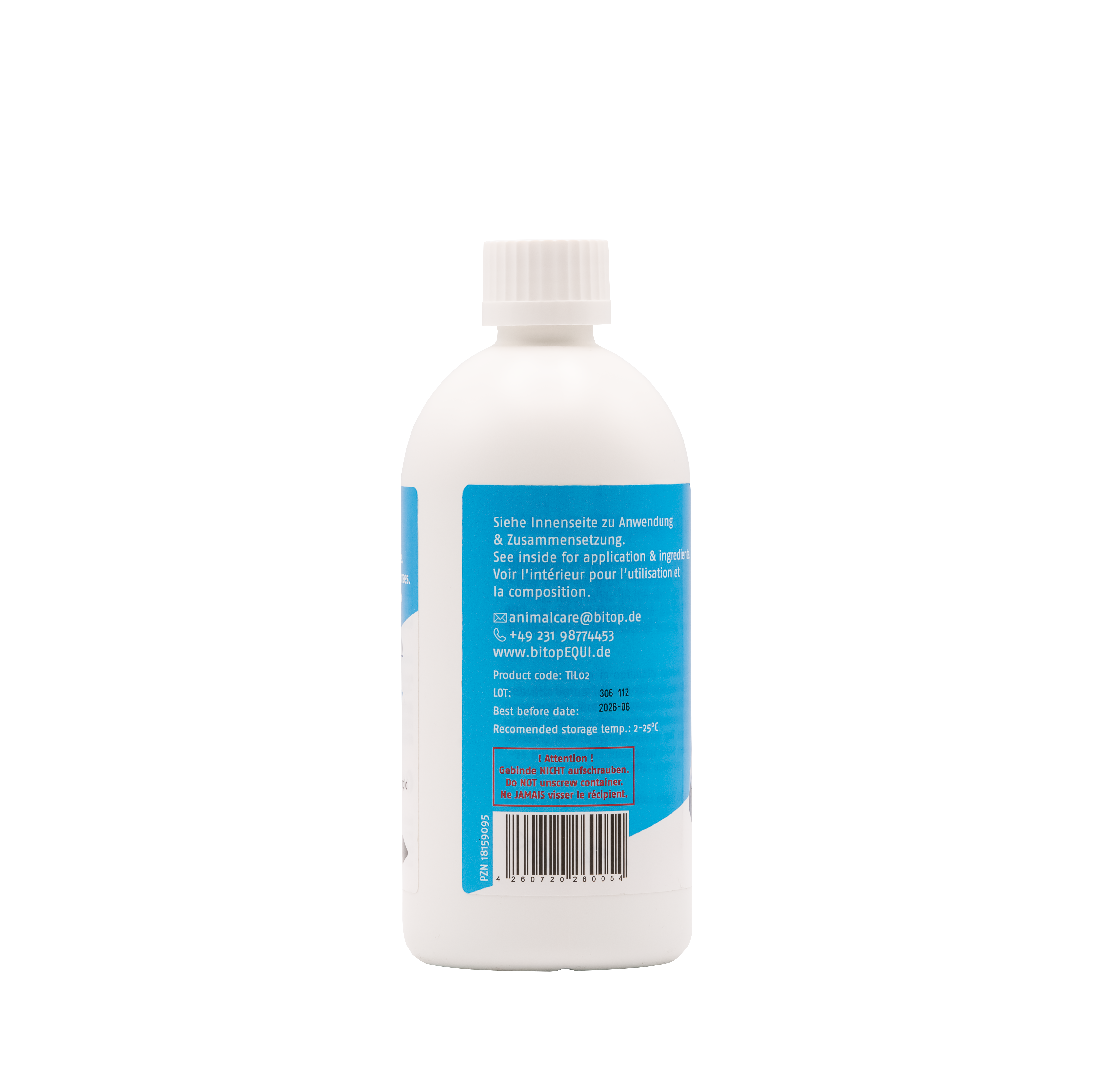 Rückseite der bitopEQUI LUNG Flasche für die Lungengesundheit von Pferden