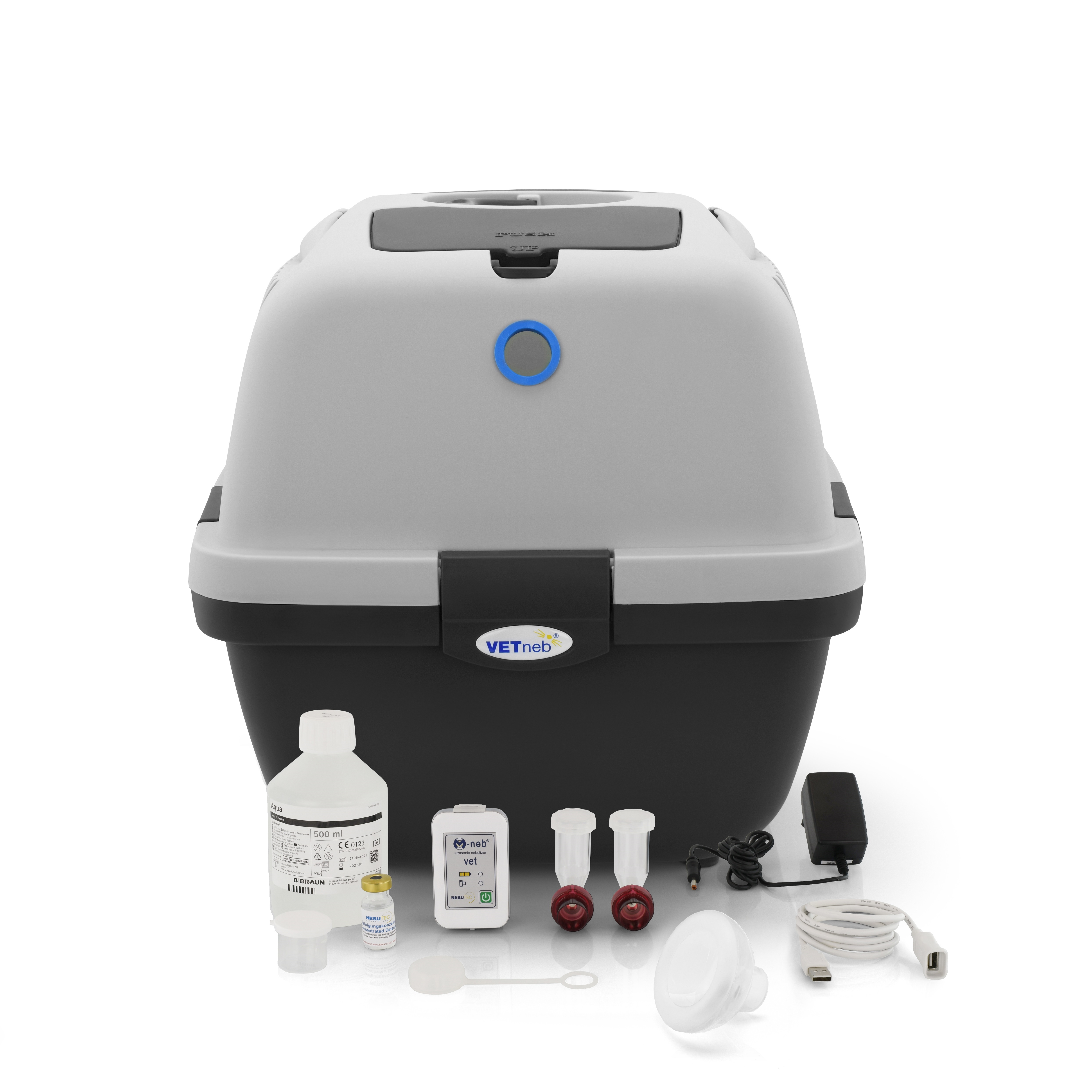 Vollständiges M-neb vet Set mit Inhalationsbox, Verneblereinheiten, Maske und Zubehör