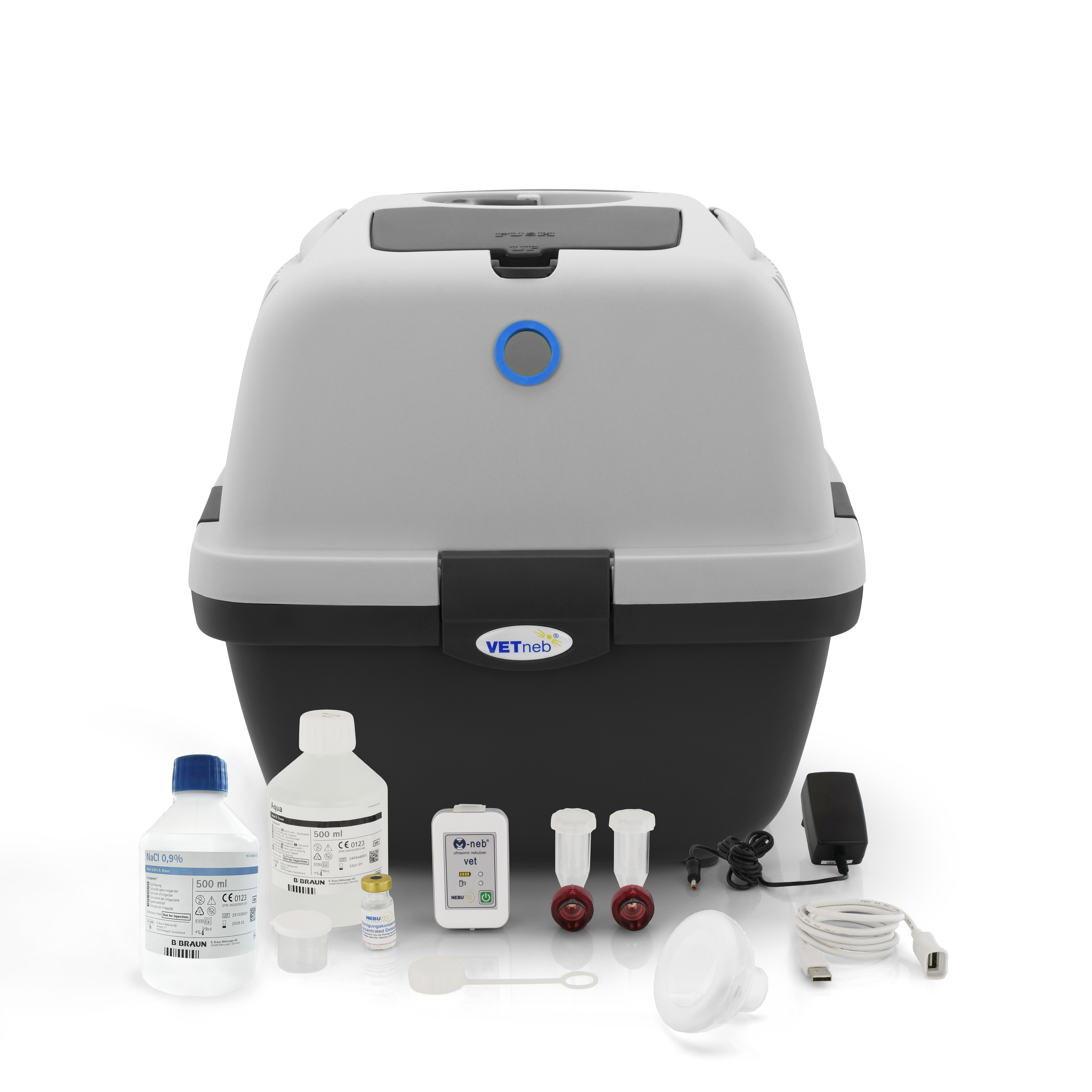 Vollständiges M-neb vet Set mit Inhalationsbox, Verneblereinheiten, Maske und Zubehör