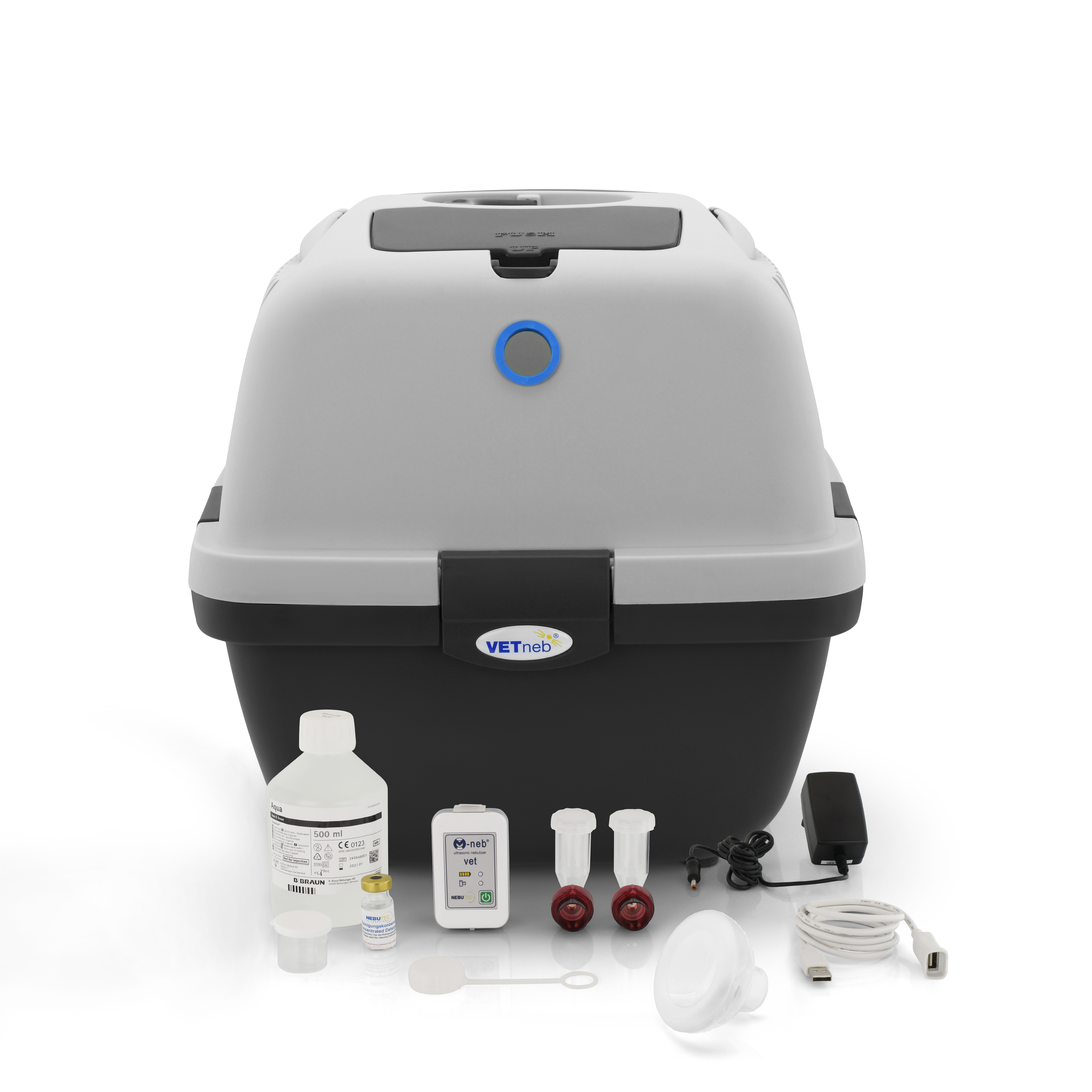 Vollständiges M-neb vet Set mit Inhalationsbox, Verneblereinheiten, Maske und Zubehör