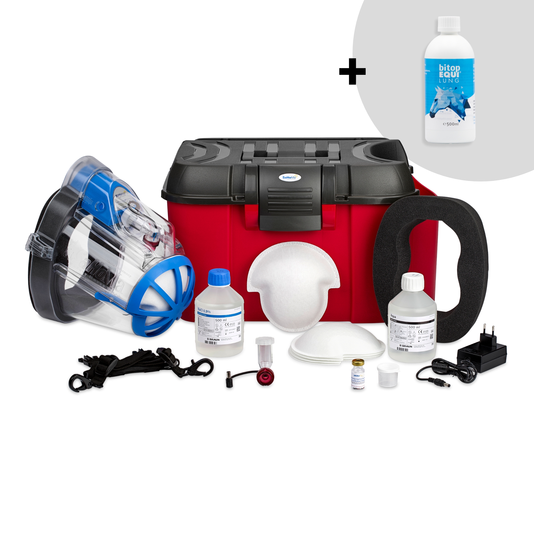 Bundle: SaHoMa-II Inhalationsset + bitopEQUI LUNG Complete Vollständiges SaHoMa-II Inhalationsset für Pferde mit allen Bestandteilen und der bitopEQUI LUNG Complete Flasche