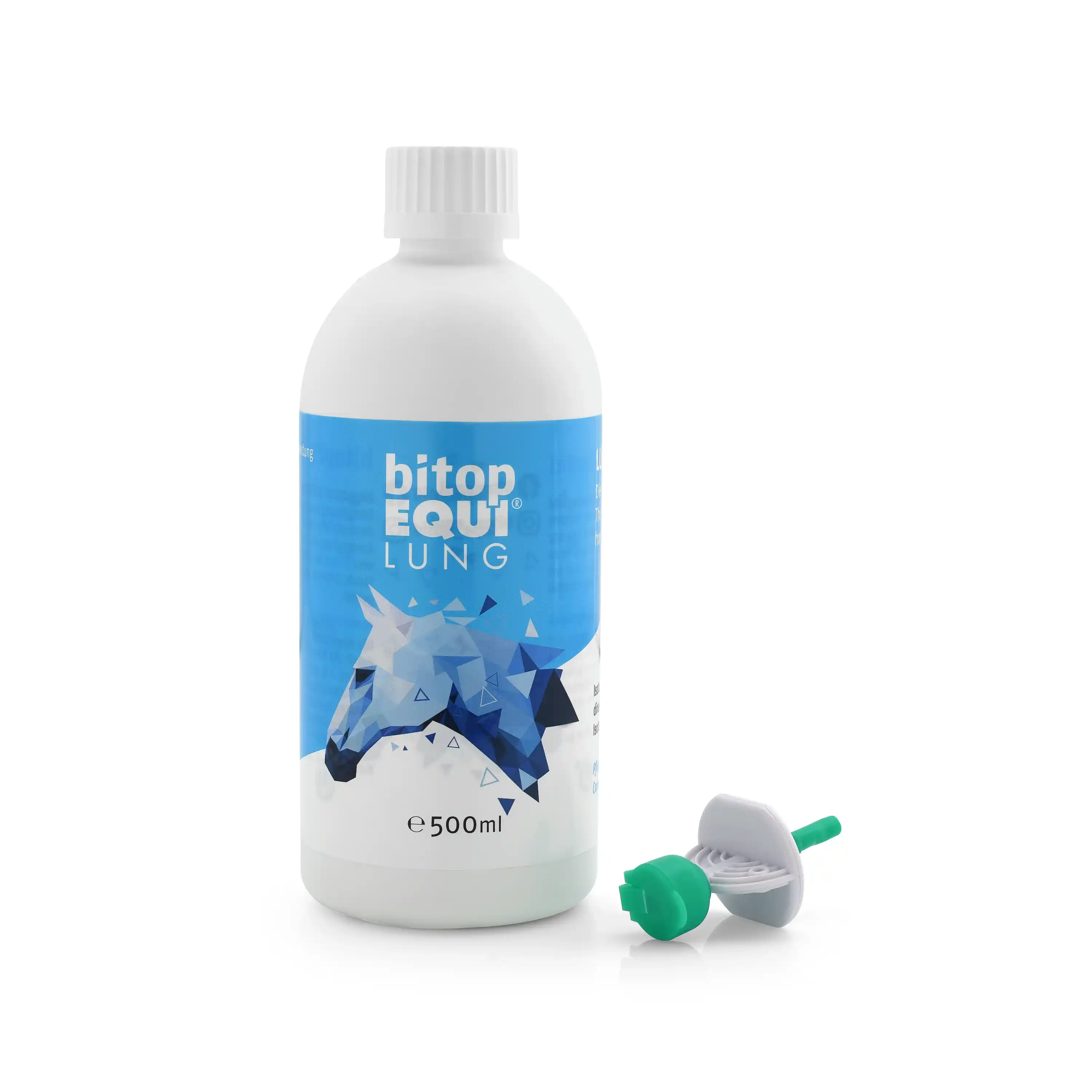 Flasche mit dem Produkt bitop EQUILUNG mit Spike für die Lungengesundheit von Pferden