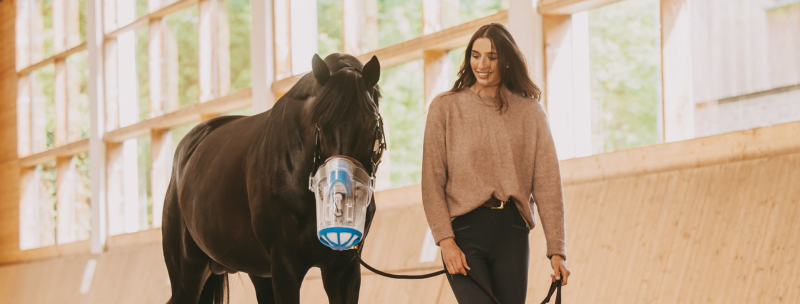 Pferd mit Inhalationsgerät wird von einer Frau in einer Reithalle geführt