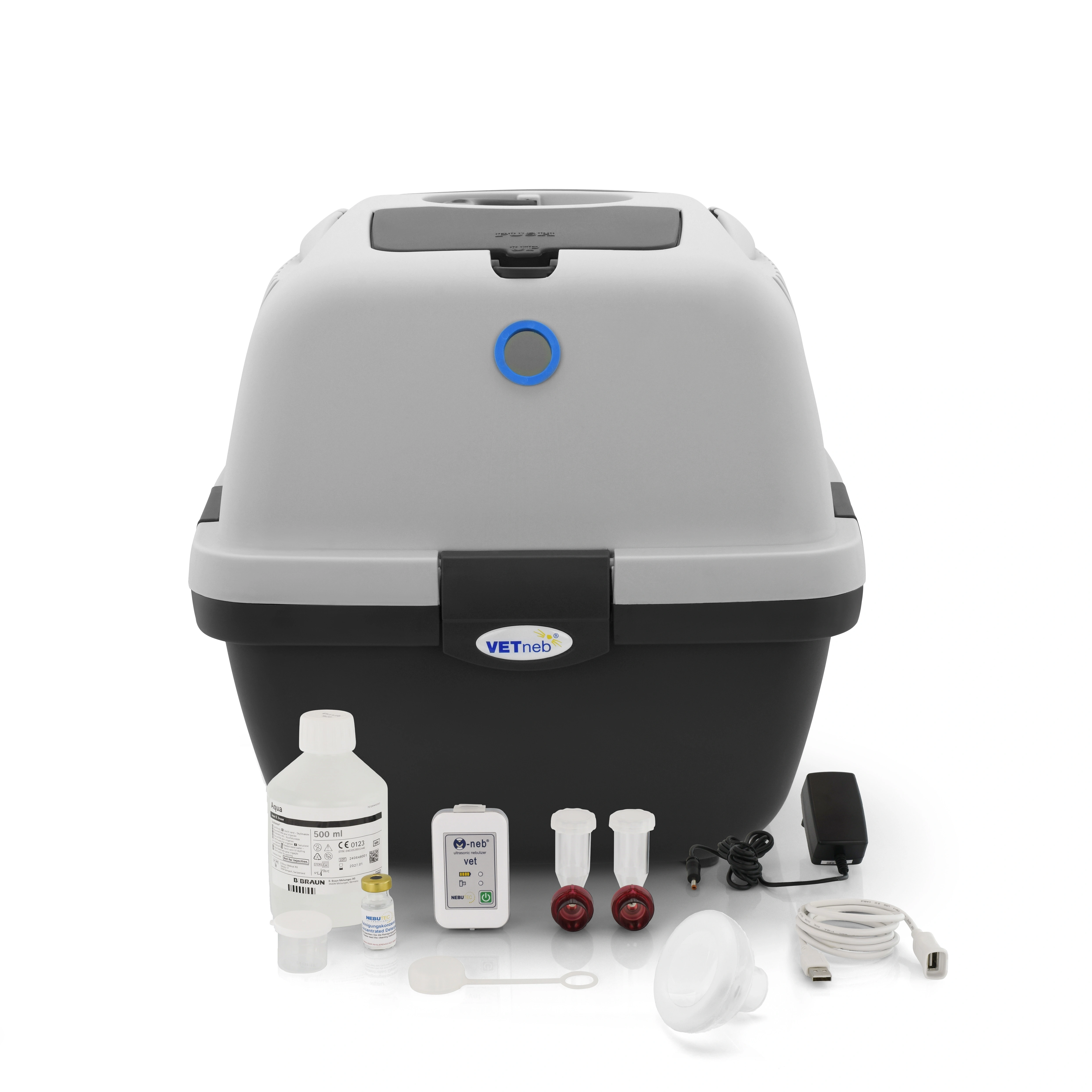 Vollständiges M-neb vet Set mit Inhalationsbox, Verneblereinheiten, Maske und Zubehör